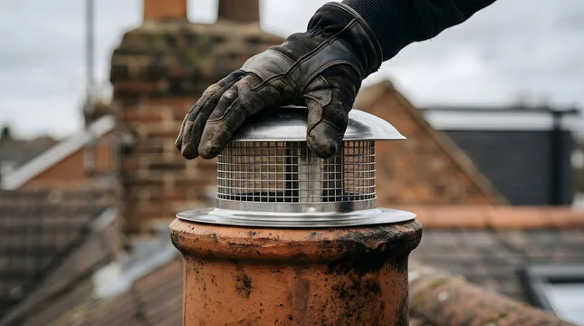 Gloved hand setting a stainless mesh cap on a clay chimney pot