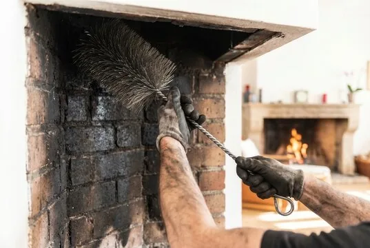 Wire chimney brush scrubbing soot off a brick firebox