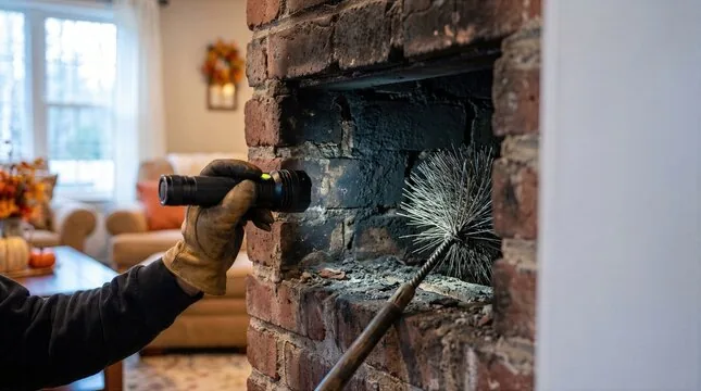 Checking a living room fireplace with a flashlight