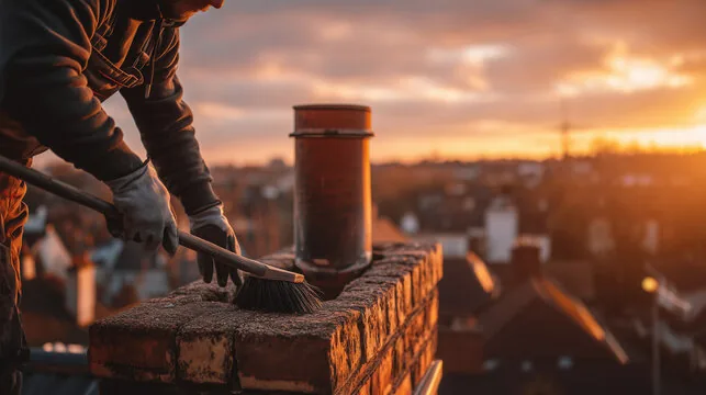 Technician brushing the top of a brick chimney beside a clay pot in golden evening light