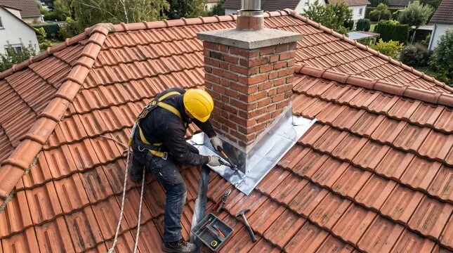 Roofer in a harness installing flashing around a chimney
