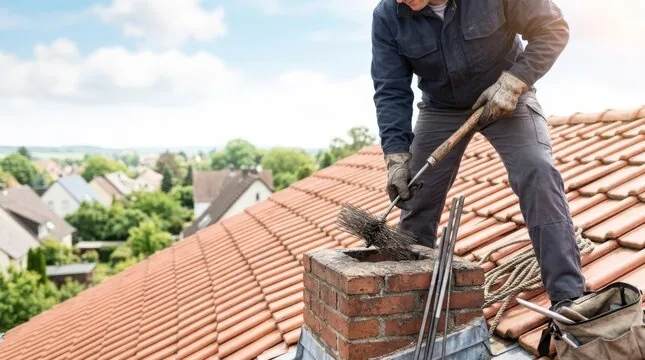 Sweep on a clay tile roof with brush and rods at a brick chimney